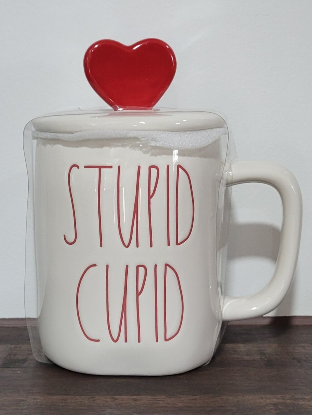Rae Dunn Stupid Cupid White Mug with Red Heart Topper